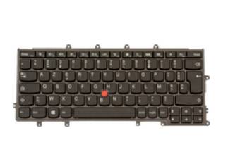 Sort bærbar tastatur med rødt TrackPoint, vist isoleret på hvid baggrund.