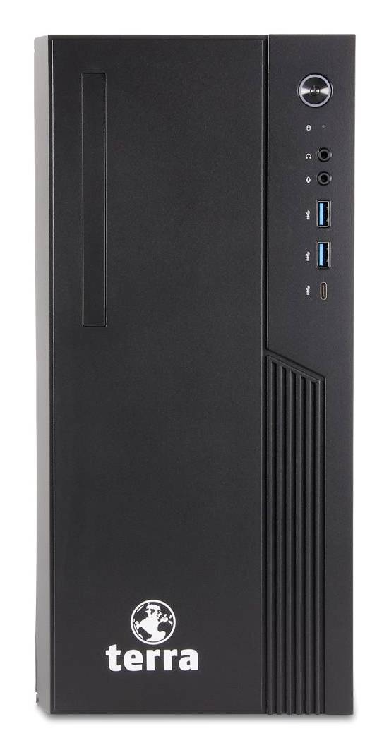 Sort Terra stationær computertower frontpanel med power-knap, audiojacks, USB-porte og logo