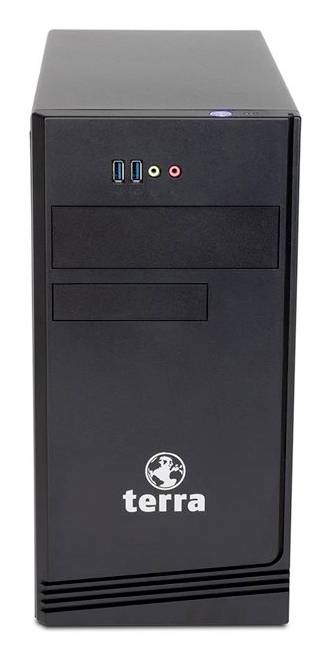 Frontvisning af et sort Terra-stationært computertårn med frontale USB-porte, lydporte og strømindikatorbly.