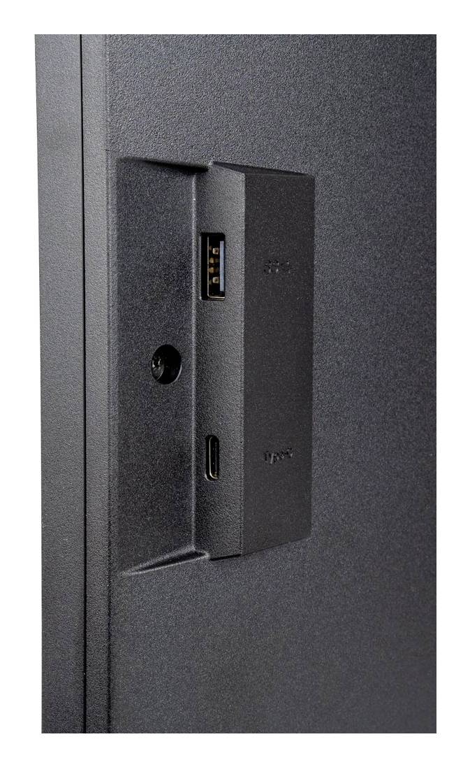 Detaljeret billede af en monitor- eller tv-sidepanel med en USB-A-port, en USB-C-port og en cirkulær stik på et indsat sort modul.