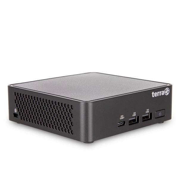 Lille sort Terra mini PC med ventileret sidepanel og USB-porte på forsiden på hvid baggrund