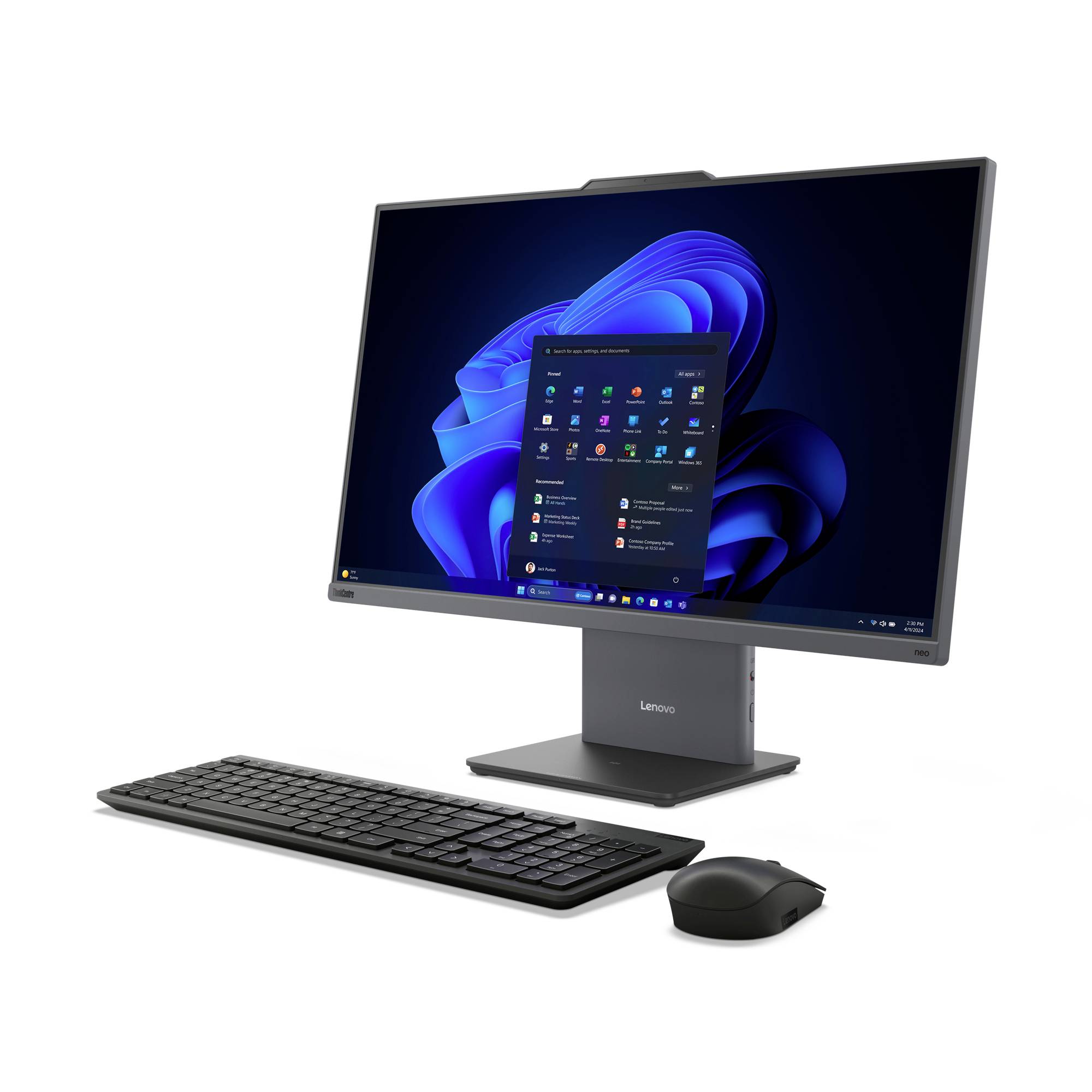 Lenovo alt-i-en desktop computer med stor monitor, der viser Windows 11, plus tastatur og mus på hvid baggrund.