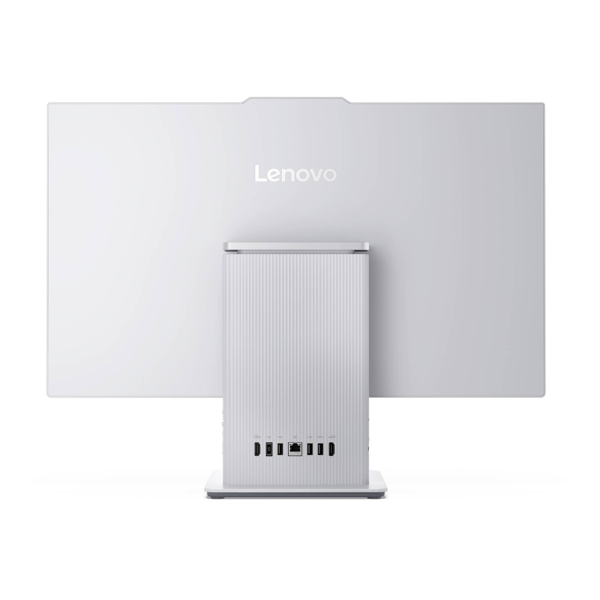 Lenovo stationær computer vist fra bagsiden, med et centralt tårnstativ og synlige bageste porte under displayet.
