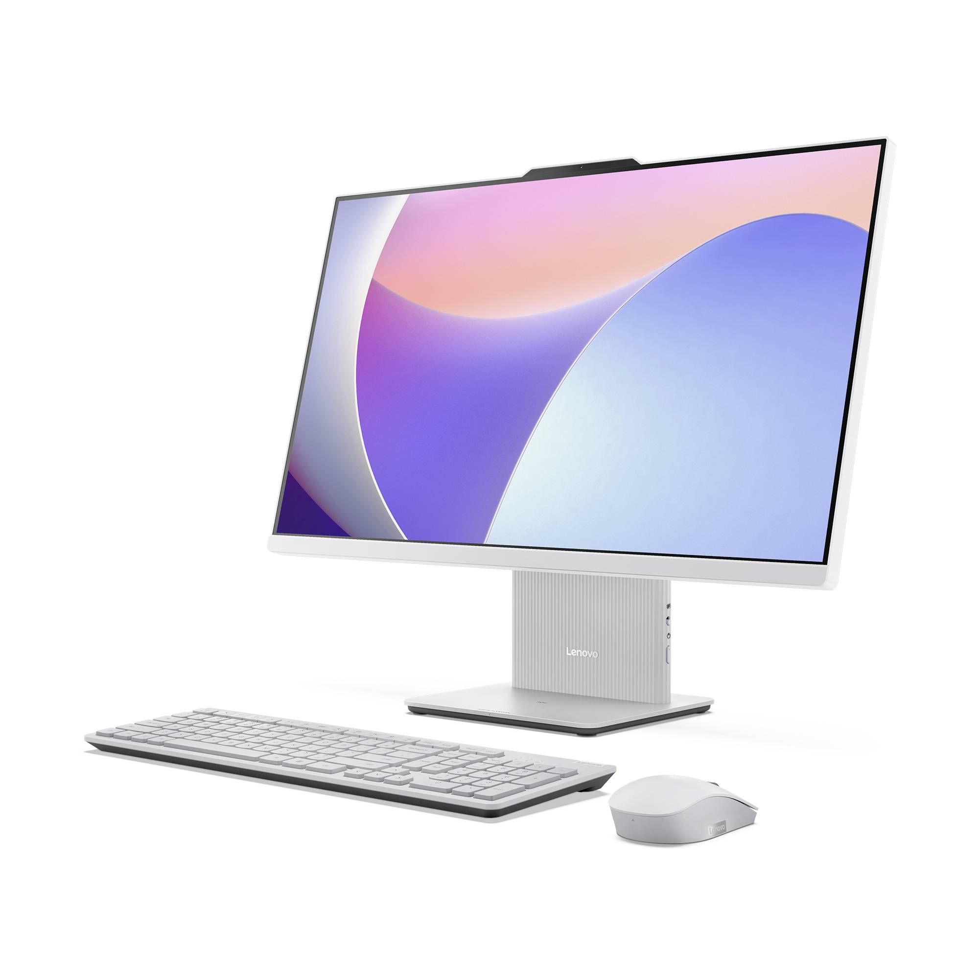 Alt-i-én Lenovo stationær computer med stort display, tastatur og mus på hvid baggrund.