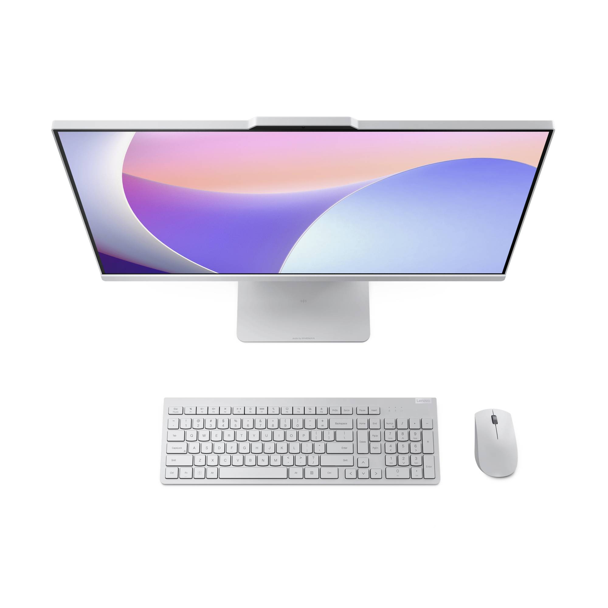 Hvidt stationært computersetup med bredskærm, tastatur og mus på en enkel baggrund.