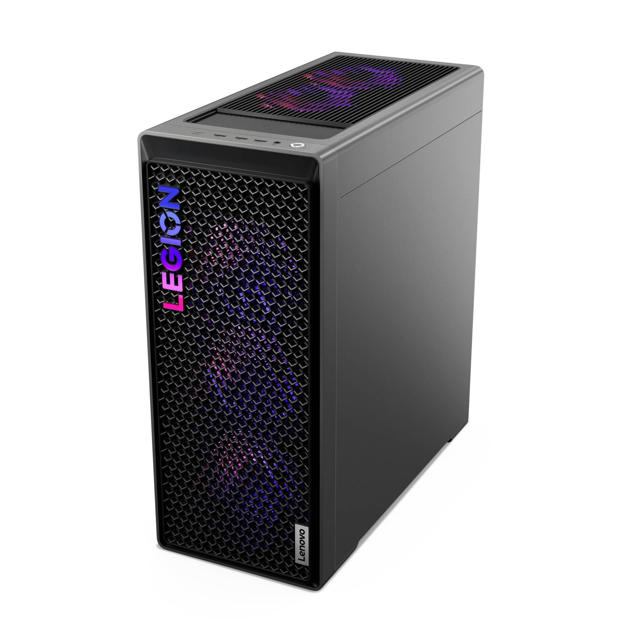 Lenovo Legion desktop tower PC med sort mesh front, lilla-oplyst fans og Legion-logo på frontpanelet.
