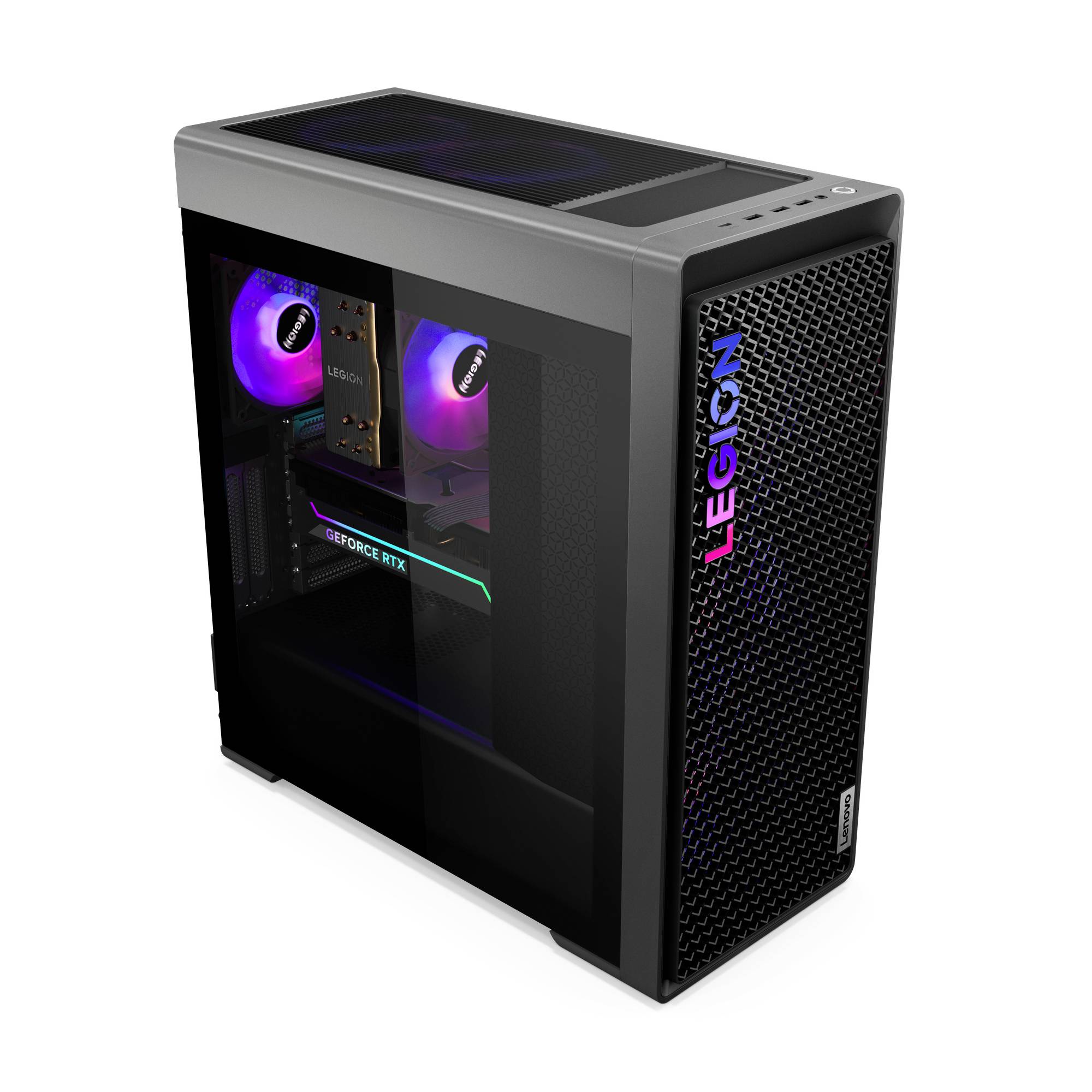 En Lenovo Legion stationær spil-PC-tårn med et transparent sidepanel, RGB-illuminerede blæsere og GeForce RTX-grafik indeni.
