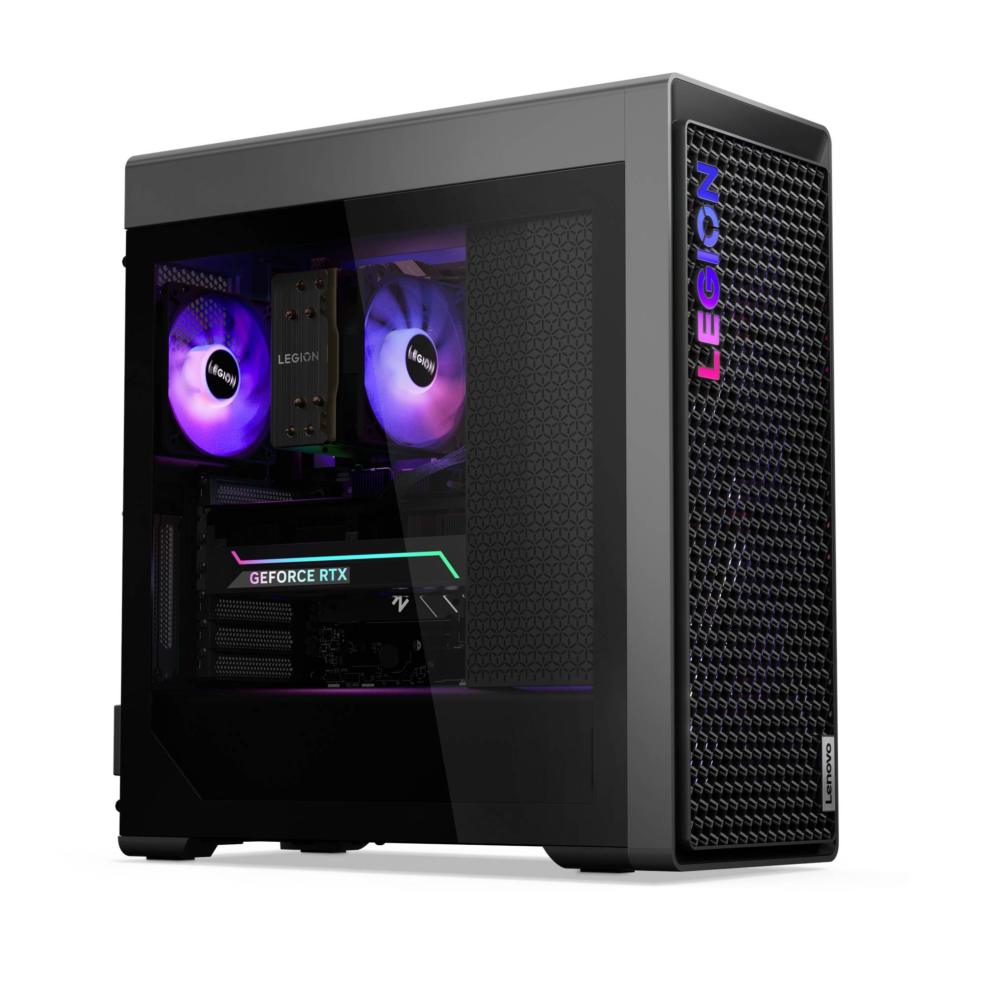 Sort Lenovo Legion gaming desktop-tårn med transparent sidepanel, lilla-belysning på fans og synlig GeForce RTX-grafikkort indeni.