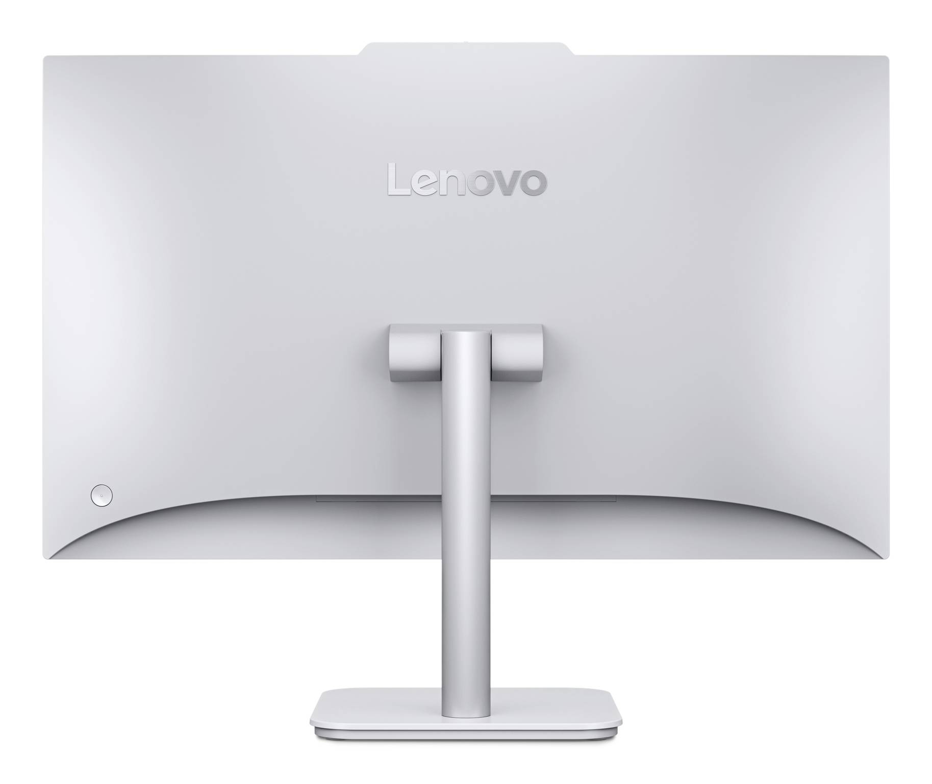 Bagsiden af en sølvfarvet Lenovo skrivebordskærm på en stativ mod en hvid baggrund.