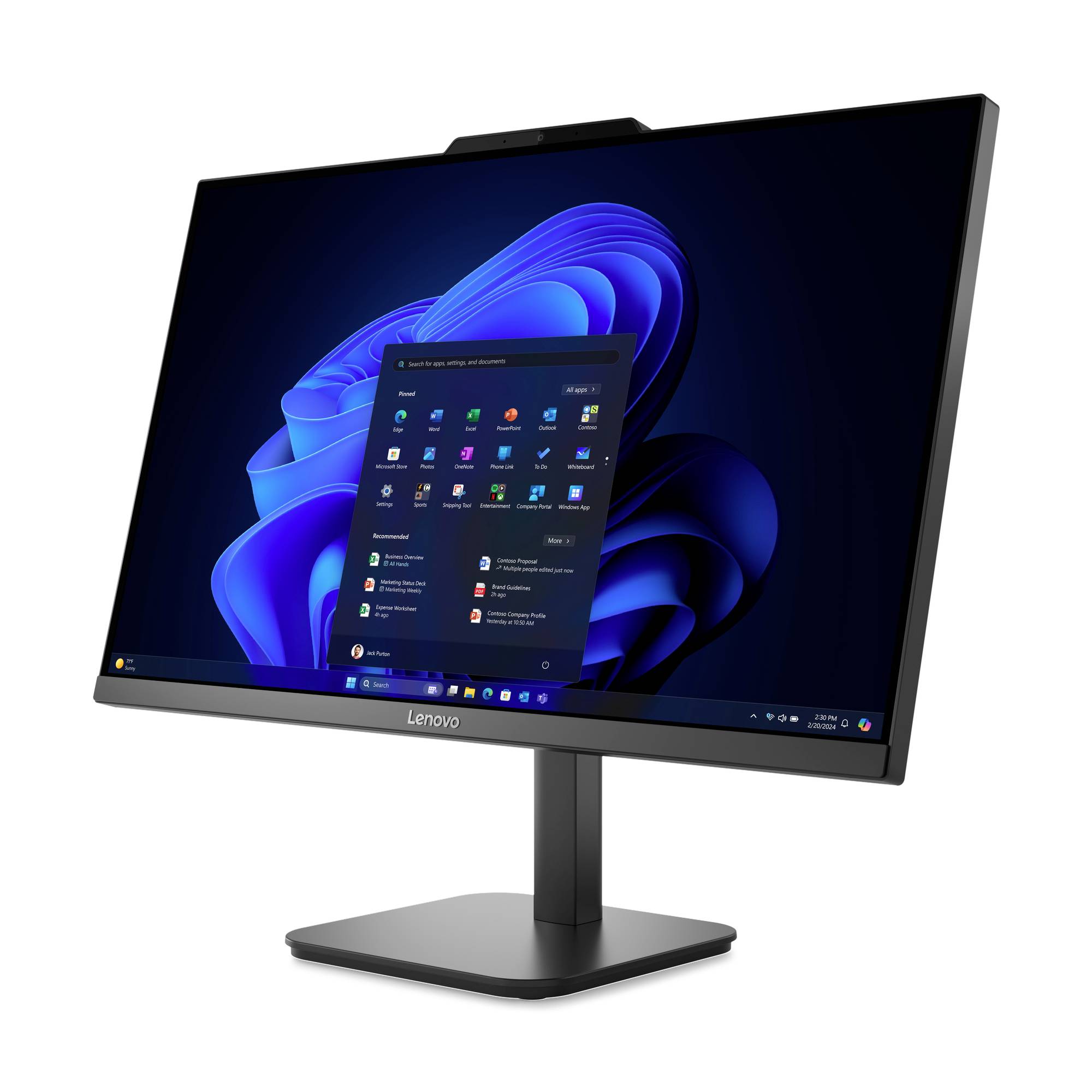 Lenovo stationær skærmmonitor, der viser et Windows 11-skrivebord med Start-menuen åben på en blå abstrakt baggrund.