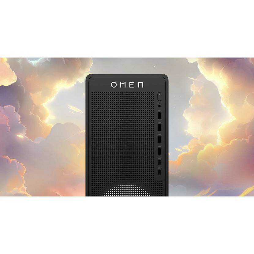 Sort OMEN stationeær computer med ventiler og porte på fronten, centreret mod en lys, skyet himmelsbaggrund.