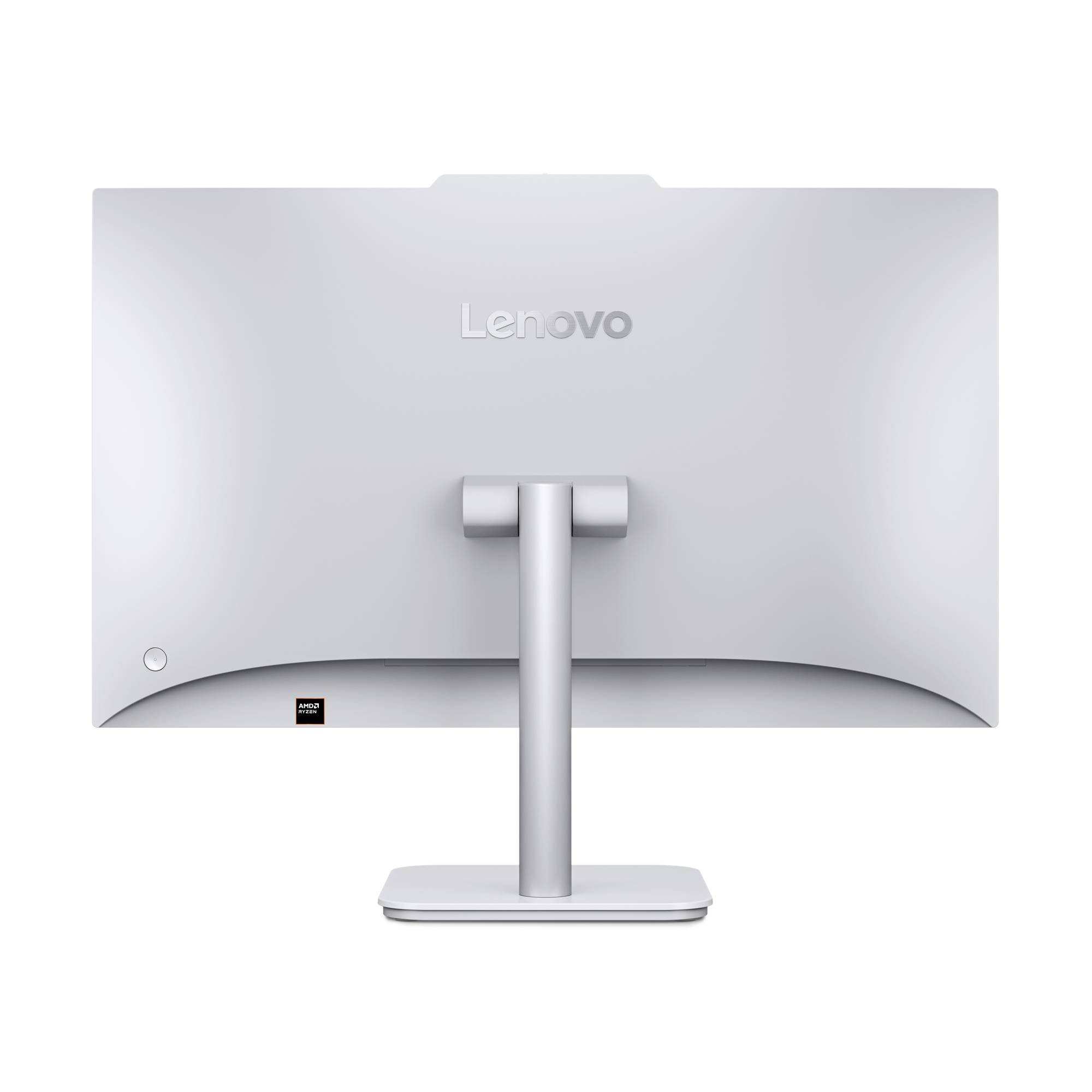 Bagdel af en sølvfarvet Lenovo-monitor på en stativ, centreret på en hvid baggrund.
