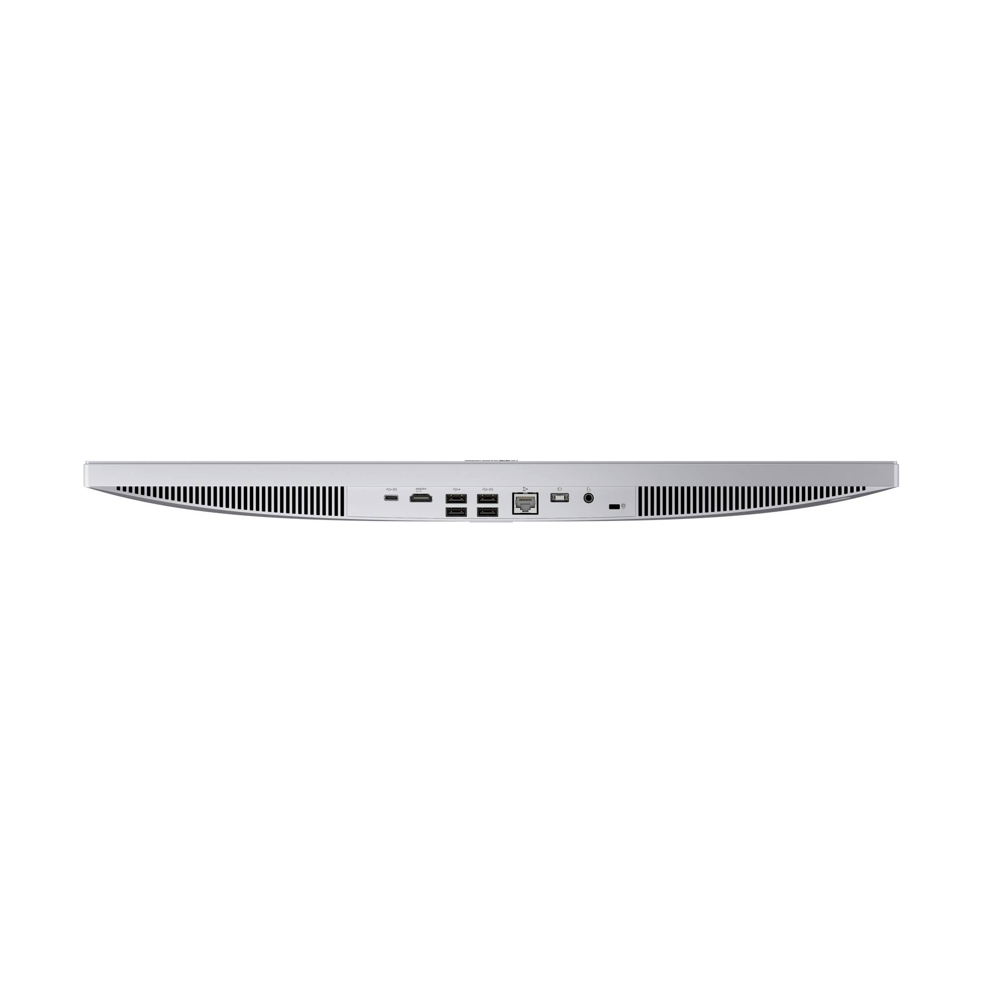Bagside af en slank sølvfarvet stationær computer, der viser ventilationsgitter og flere porte, herunder USB- og Ethernet-stik.