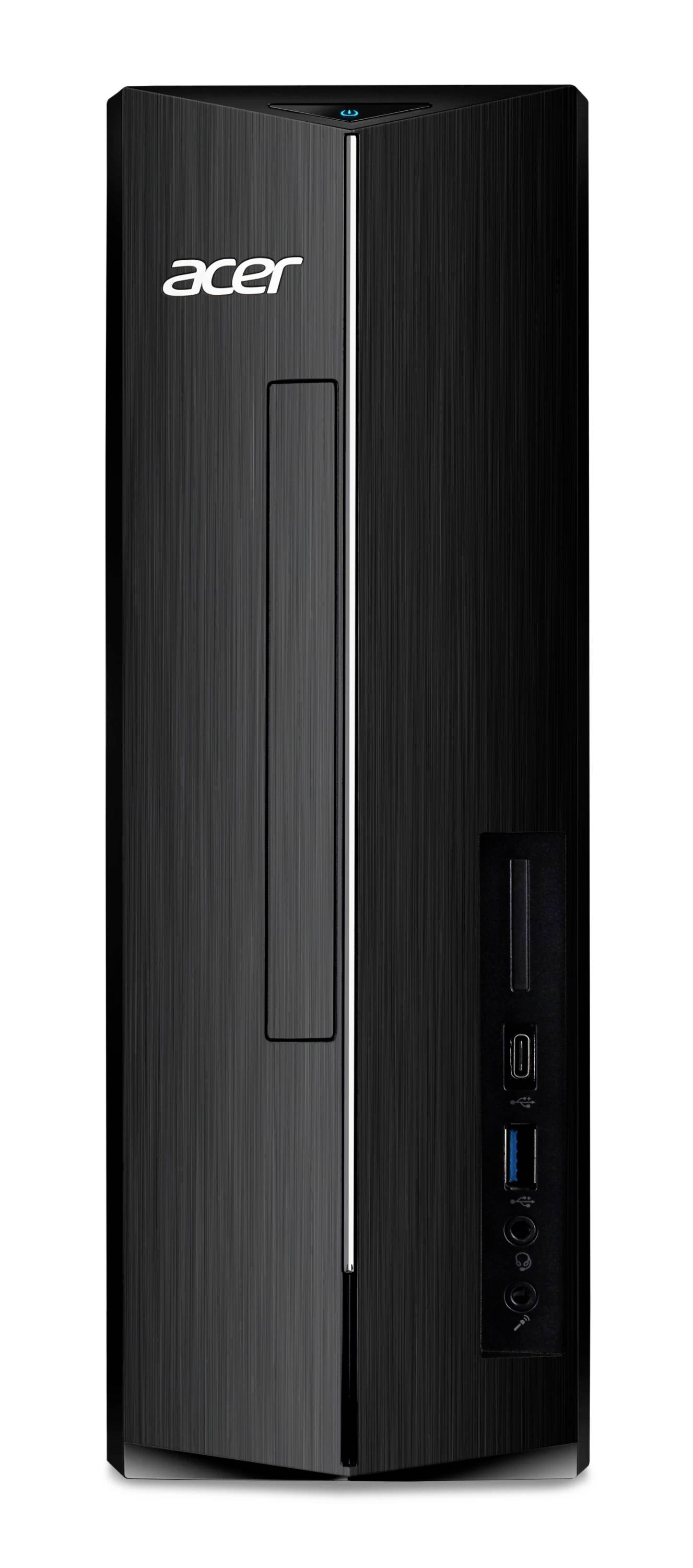 Frontalvisning af et sort Acer stationær computertårn med en smal lodret sølvaccent og USB- og lydporte på forsiden.