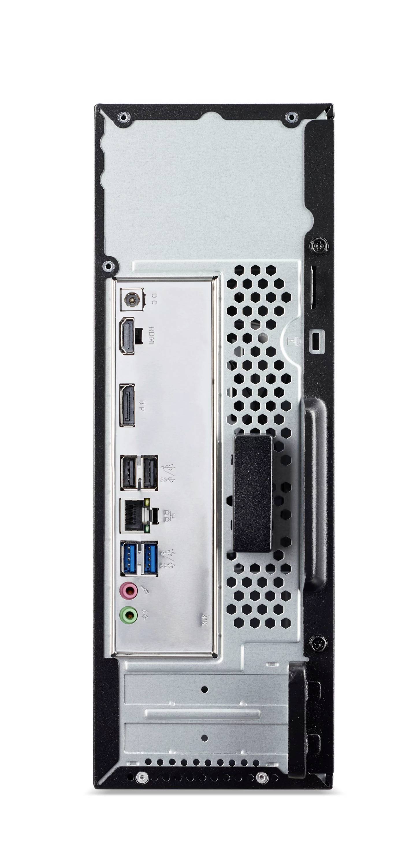 Bagside af en desktop-computertårn, der viser bagsiden af I/O-panelet med porte, ventilationshullerer og håndtag.
