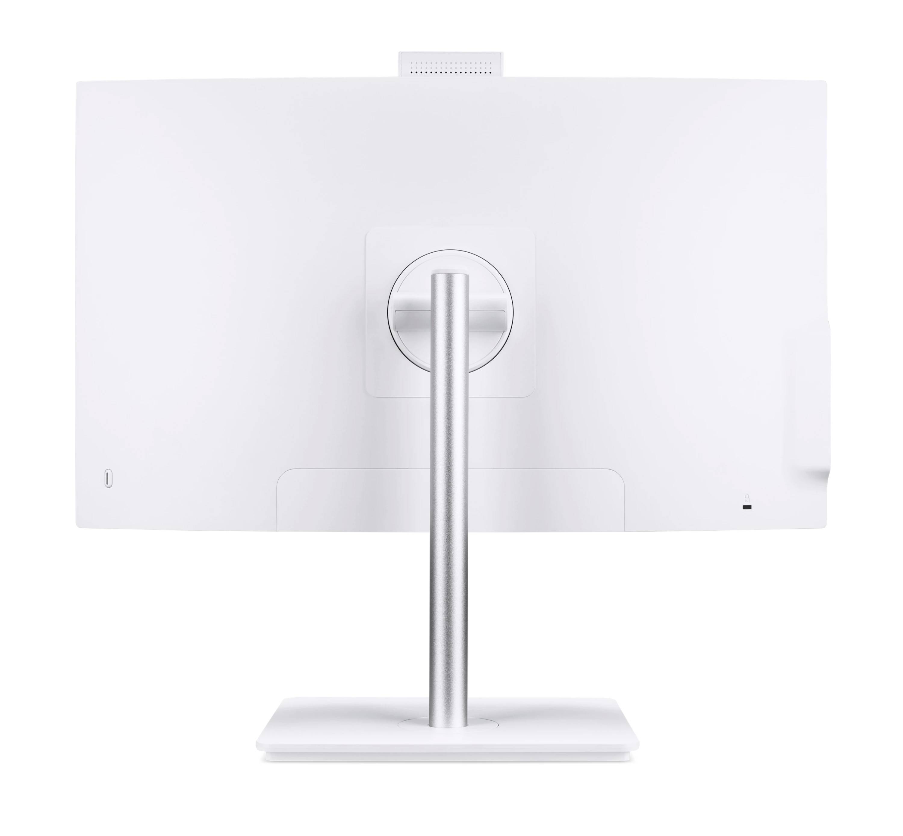 Bagview af en hvid skrivebordsskærm på et stativ, der viser det centrale monteringsudrag og minimalistisk bagpanel.
