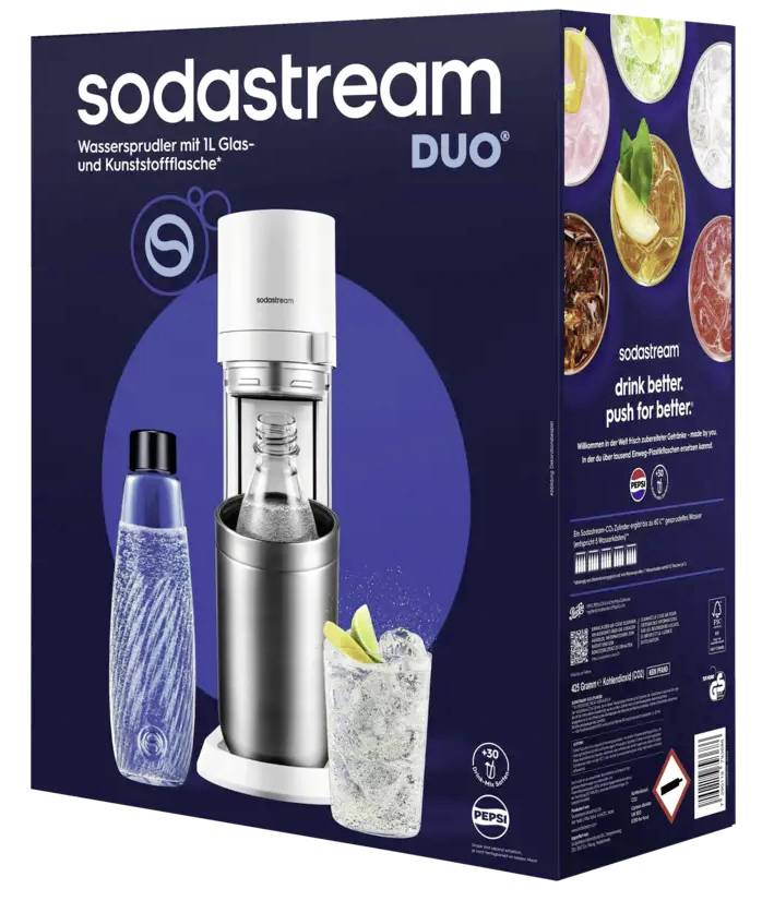 SodaStream DUO-brus med flaske, glas og drikkebilleder; emballagen siger "drikk bedre. skub for bedre."