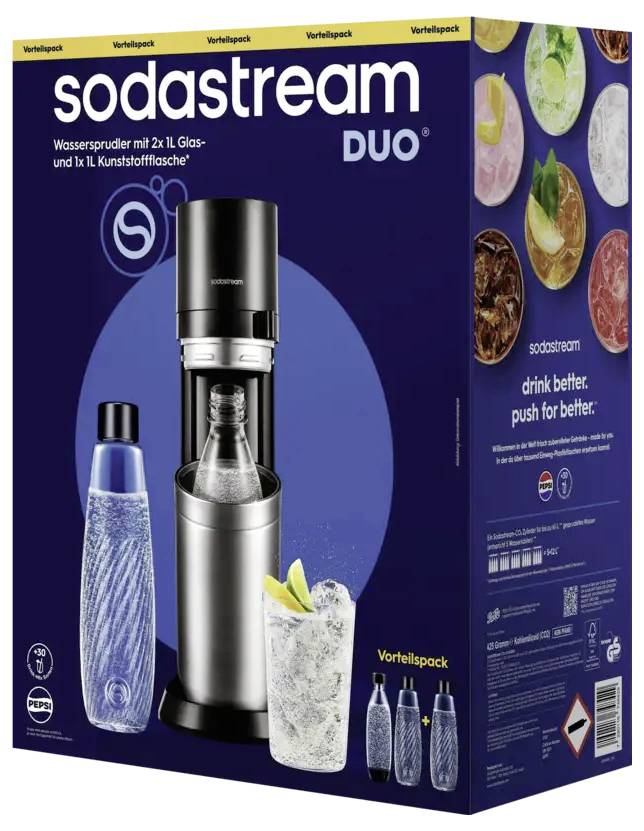 SodaStream Duo prisliste værdipaket, der viser maskinen, genbrugelig flaske, smaksatte drikke og 'drikke bedre, kamp for bedre' slogan.