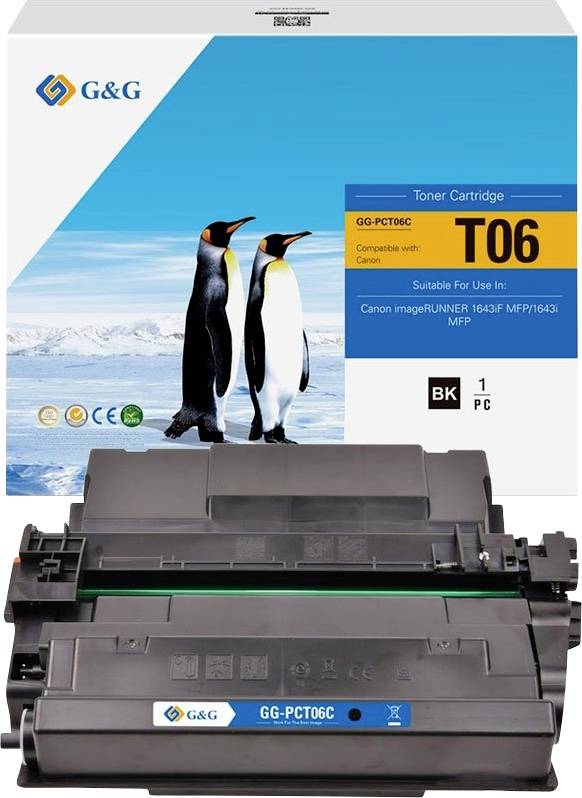 G&G T06 tonerkassette-pakke til Canon-printere, vist med en sort tonerkassette foran og pingviner på kassen.