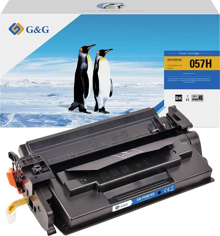 G&G 057H sort tonerkassette vist foran sin æske med pingviner trykt på emballagen.