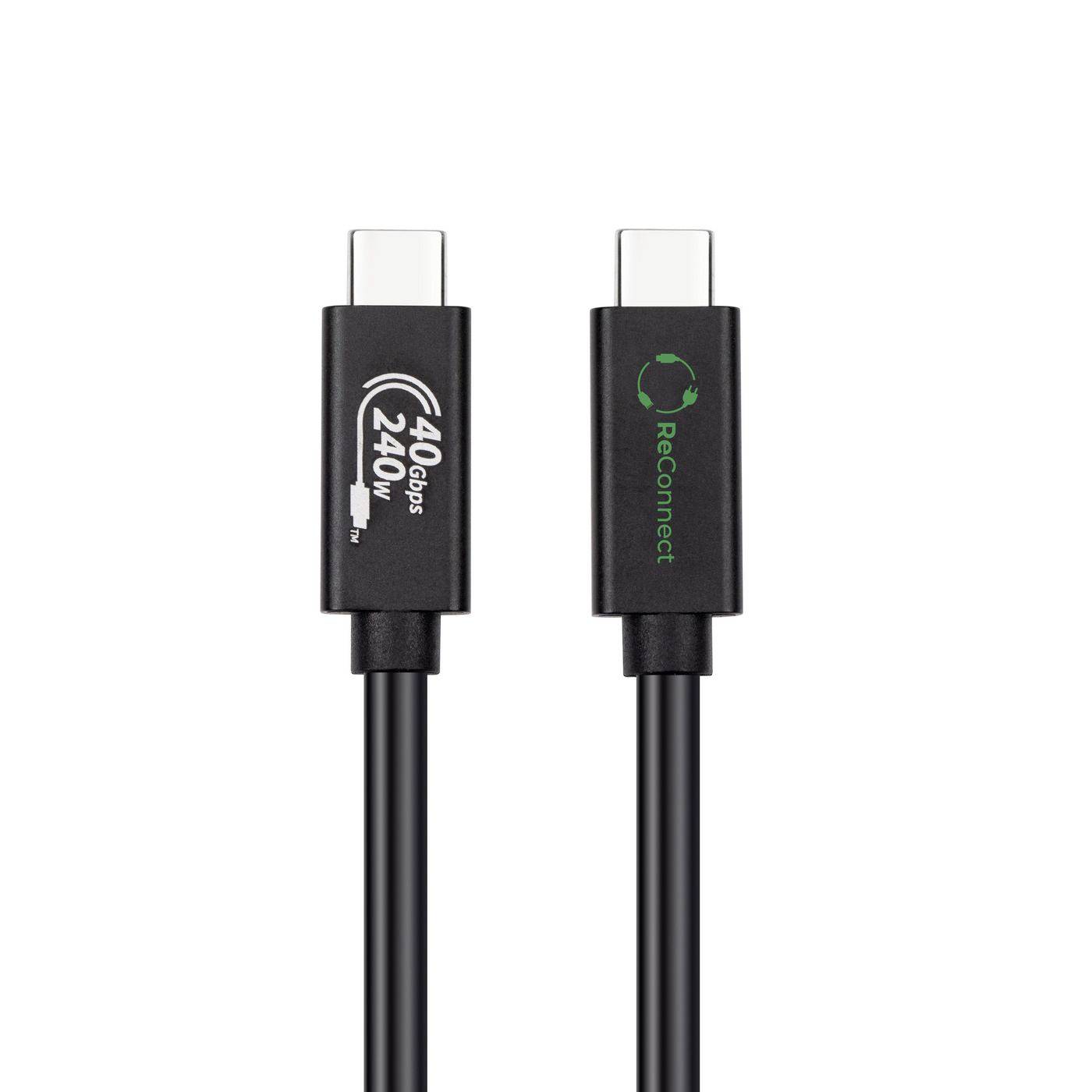 To USB-C-stik i sort med kabel, det ene mærket "40 Gbps 240W" og det andet "Genopret", vist på hvid baggrund.