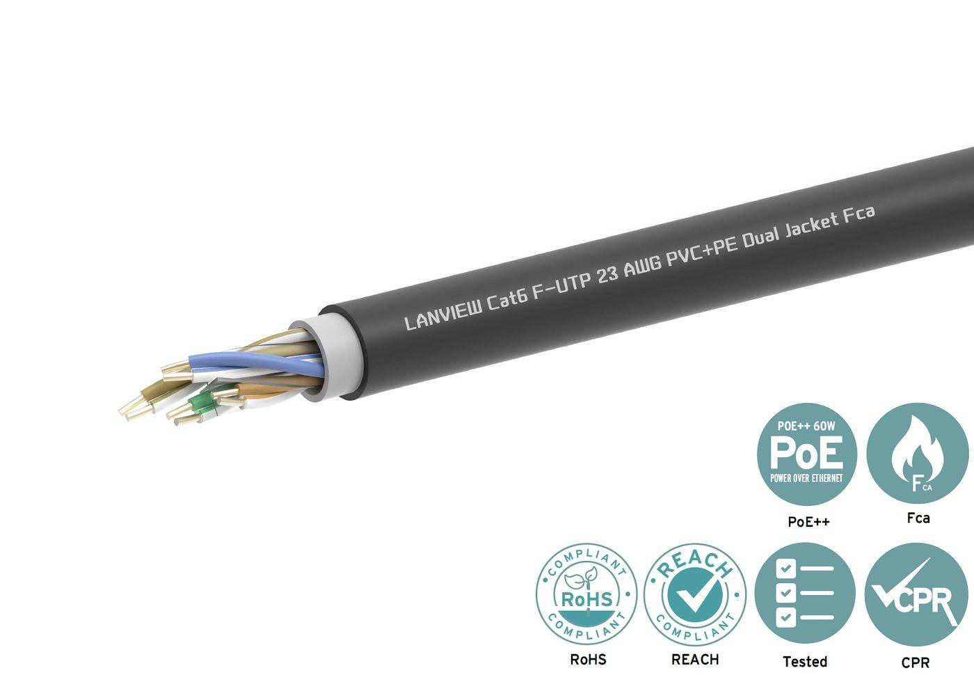 Sort LAN-kabel mærket "LANVIEW Cat6 F-UTP 23 AWG PVC+PE Dual Jacket", med gennemskæring viser interne ledninger og ikoner for PoE++, Fca, RoHS, REACH, Tested og CPR-compliance.