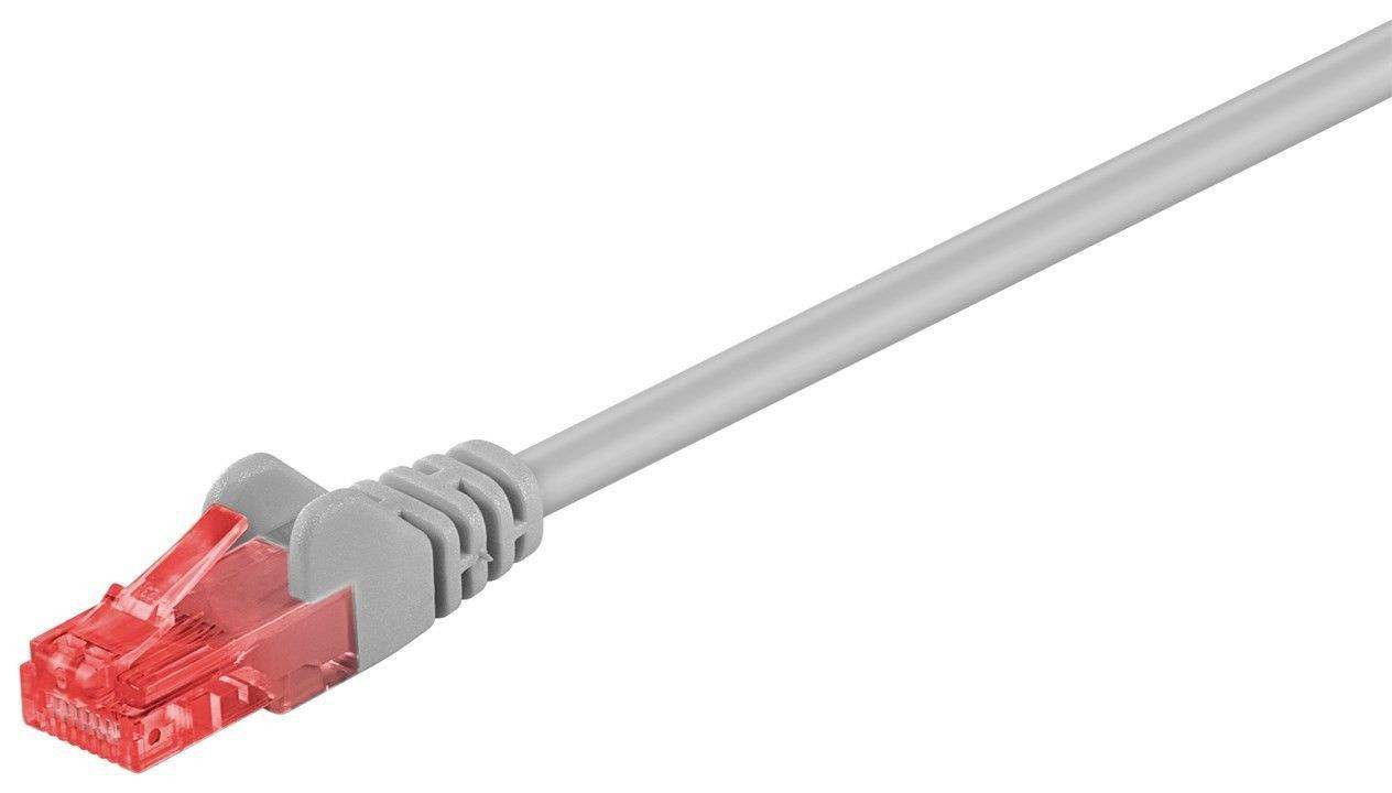 Grå Ethernet-kabel med en rød RJ45-stik vist på en hvid baggrund.