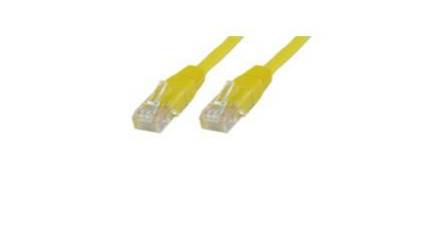 To lysegule Ethernet-kabler med RJ45-stik på hvid baggrund.