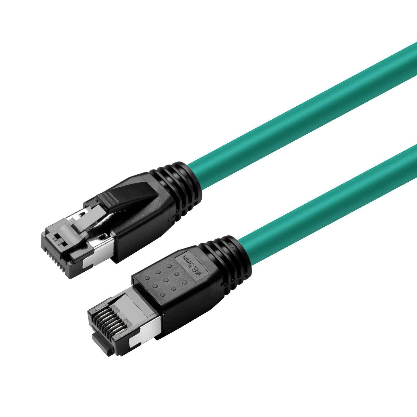 To Teal Ethernet-kabler med RJ45-stik, vist ende-til-ende på en hvid baggrund.
