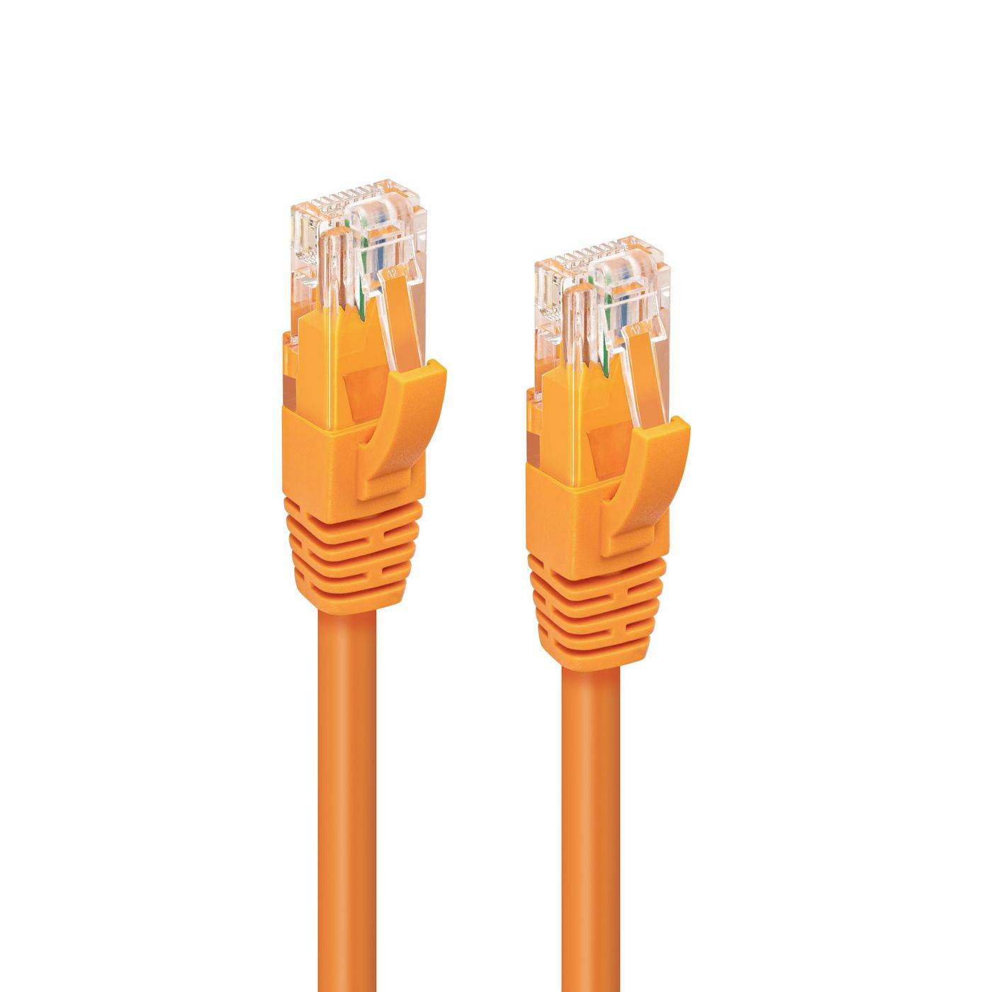 To orange Ethernet-kabler med RJ45-stik vist side om side på hvid baggrund.