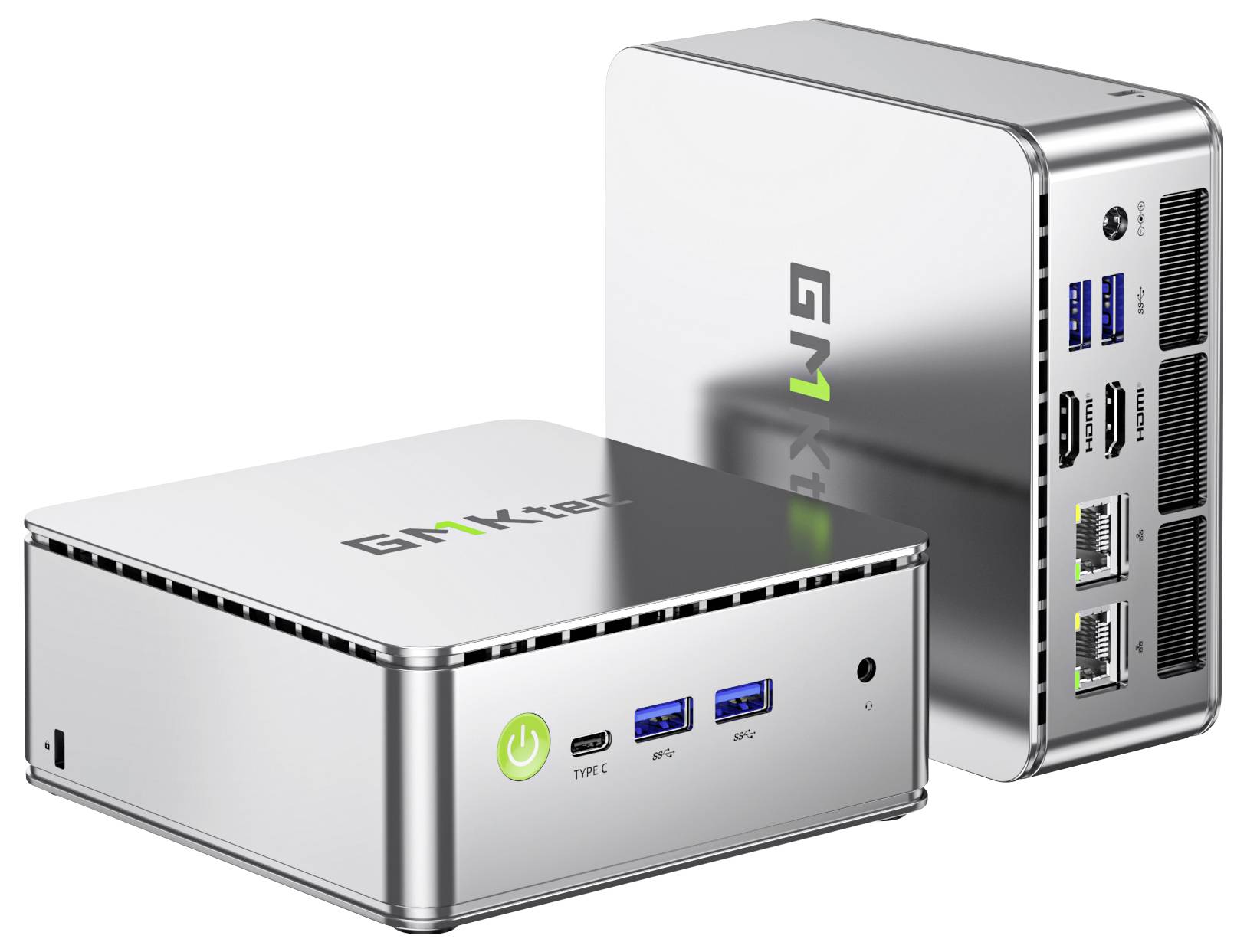 To kompakte sølvfarvede mini-pc'er der viser front- og bagpanelpladser, med grønne strømbedriftsknapper og flere USB- og Ethernet-forbindelser.
