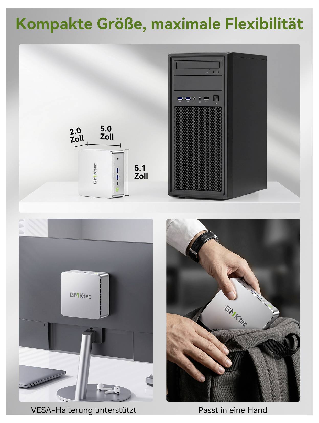 Annonce, der viser en kompakt GMKtec mini-pc, der sammenligner dens lille størrelse med en tower-pc og en hånd, med billedtekster om VESA-montering og portabilitet med én hånd.