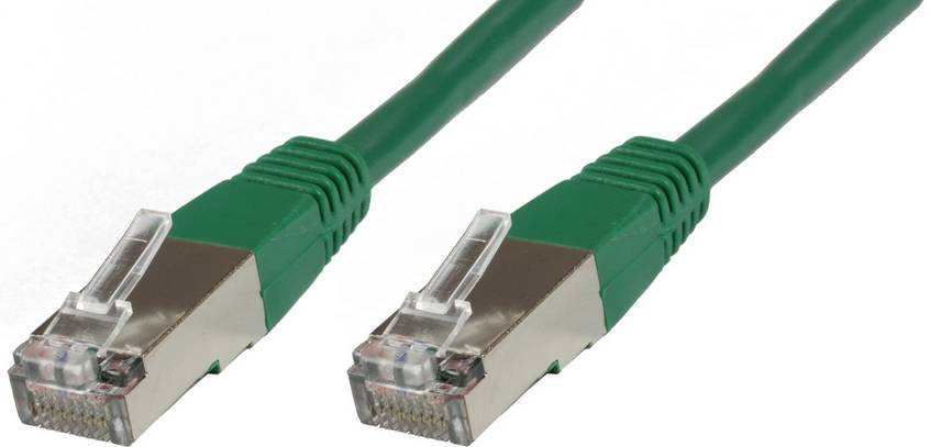 To grøn Ethernet-kabelkonnektorer med gennemsigtige RJ45-stik på en hvid baggrund.