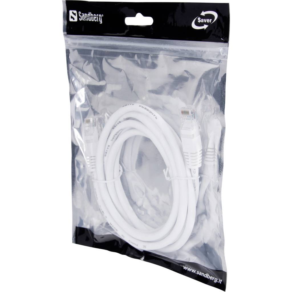 Pakket hvidt Ethernet-kabel i en transparent plastikpose mærket Sandberg Saver.