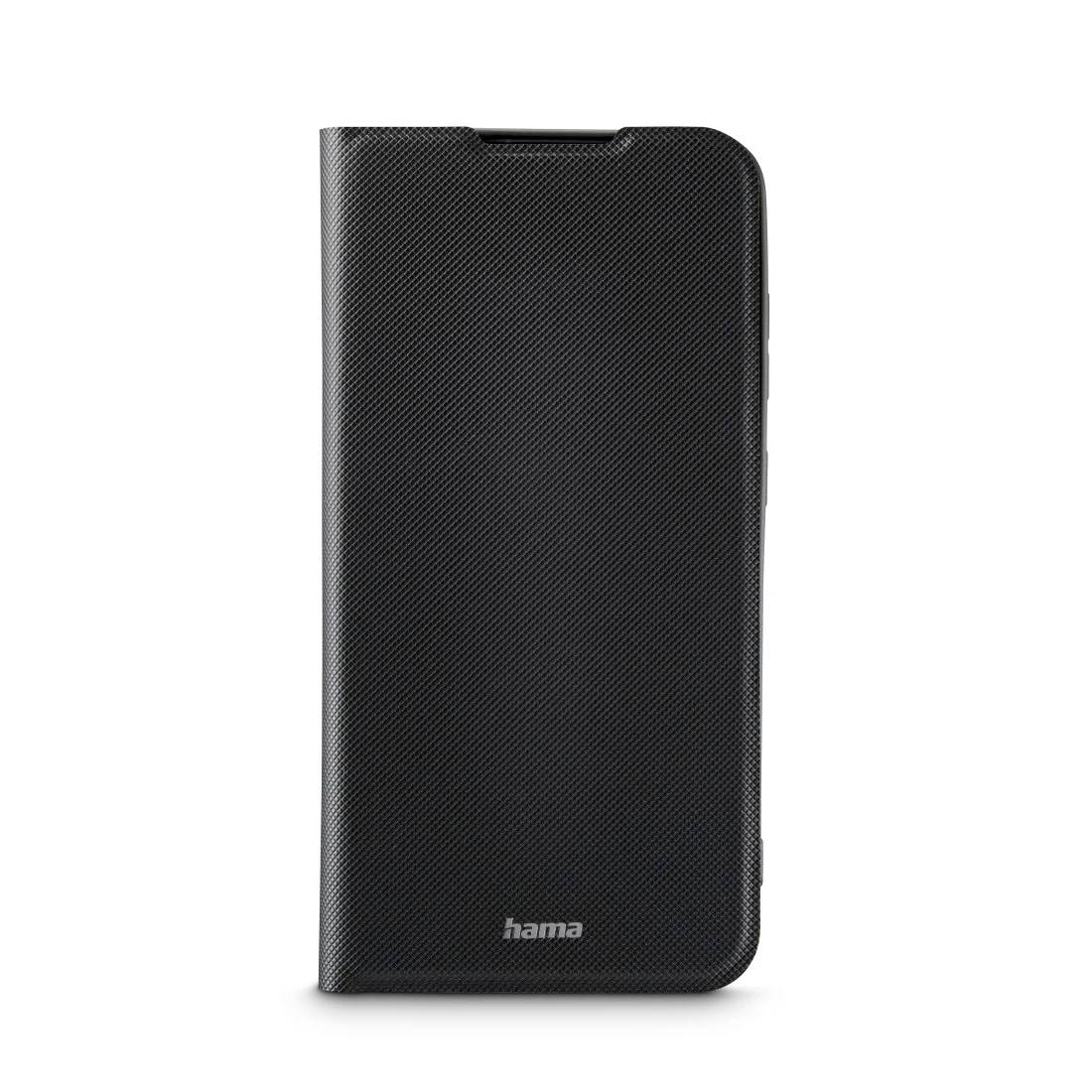 Sort struktureret smartphone foliocover med frontcover og Hama-logo, vist på hvid baggrund.