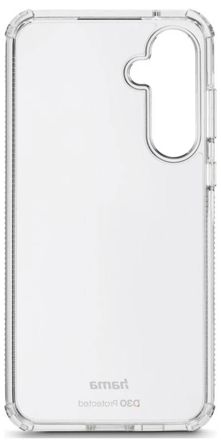 Klar beskyttende smartphoneetui med stort lodret kamerasnit og forstærkede hjørner, vist på en hvid baggrund.