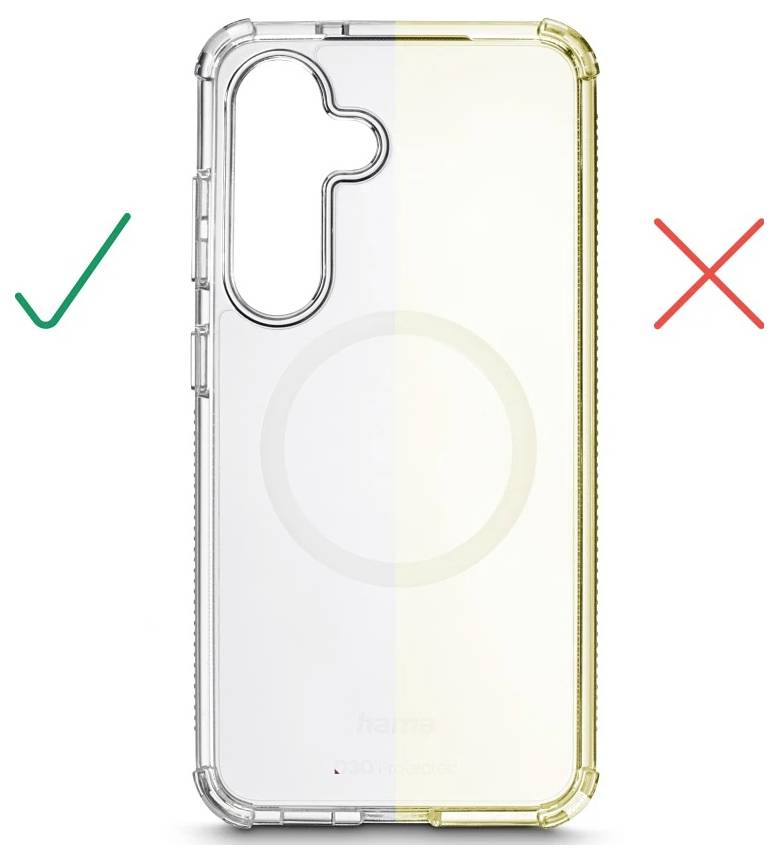 Transparent telefonetui med kameraudskæring og cirkulær MagSafe-ring; grønt flueben til venstre og rødt kryds til højre angiver korrekt og forkert side.