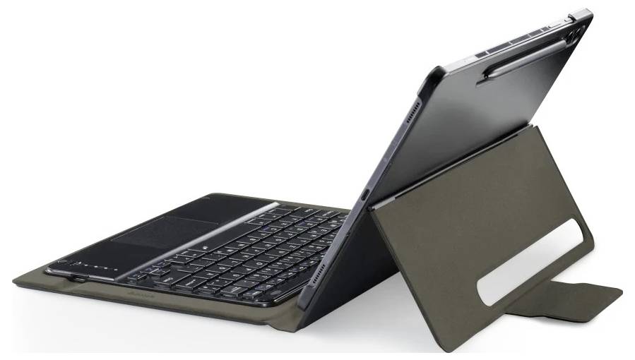 Tablet i et foldeligt tastaturcover, vist i sidevisning med skærmen opstillet som en bærbar computer.