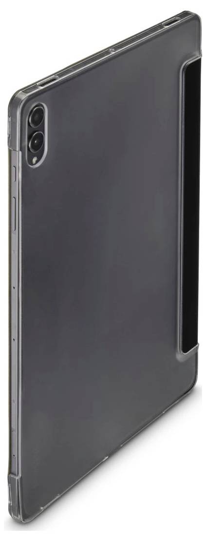 Sort tabletcover med udskæring til bagkamera og håndgreb, vist i vinklet sidevisning på hvid baggrund.