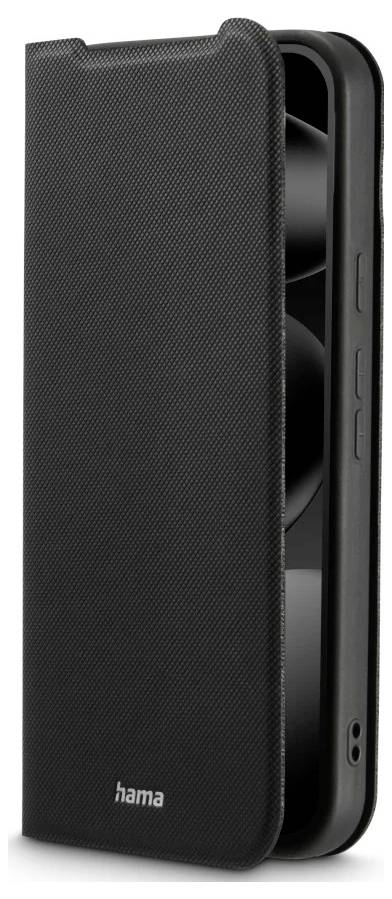Sort Hama telefoncover med tekstureret folio-dæksel, vist lukket i et produktbillede.