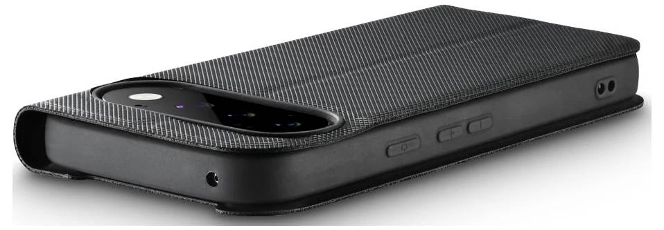 Sort robust smartphonecover med snorvlindet klapmenu, vist lukket på hvid baggrund.