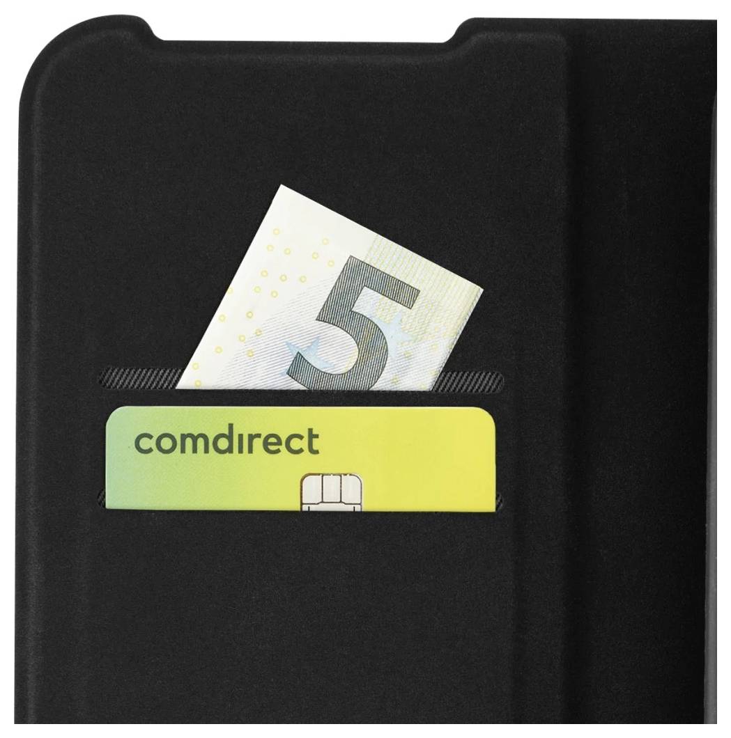 Sort tegnebog eller kortholder med et synligt 'comdirect'-kort og en 5-euro-seddel, der stikker ud af spalten.