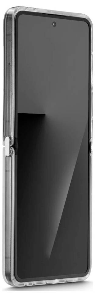 En sort smartphone i et klart beskyttelsescover, vist forfra på en hvid baggrund.