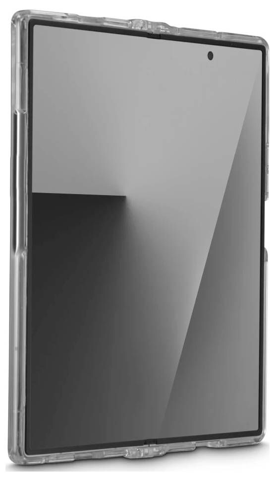 Lukket tablet i et klart beskyttelsescover, vist i en vinkel mod en hvid baggrund.
