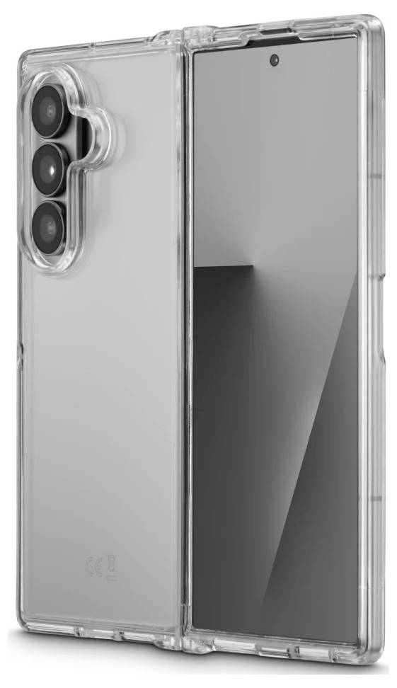 Transparent beskyttelsescover til en folde-smartphone, der viser udskæring til tredobbelt kamera på bagsiden og frontskærm med centralt placeret hulkamera.