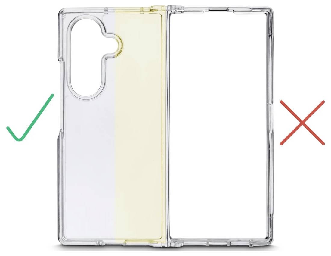 Sammenklappeligt telefoncover vist åbent, med et grønt fluebenskema ved siden af det venstre cover og et rødt X ved siden af det højre cover, hvilket angiver de korrekte og ukorrekte sider.