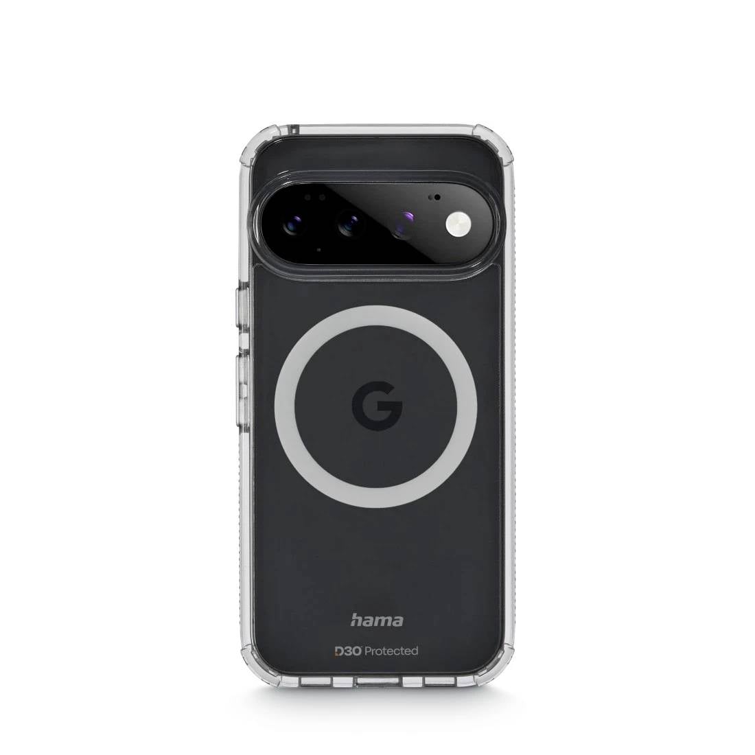 Bagsiden af en Google-telefon i et gennemsigtigt beskyttelsescover med en stor cirkulær magnetring og "hama D30 Protected" branding.