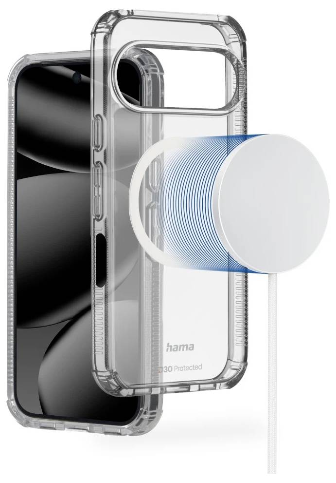 Eksploderet visning af en smartphone med et klart beskyttelsescover og kameramodul, der viser lagdelte coverdele og blå stødabsorberende ring.
