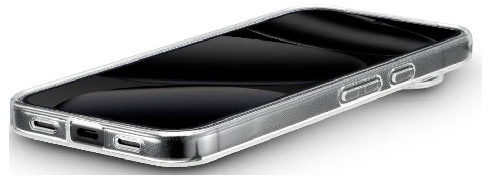 Klart smartphone i et transparant beskyttelsescover, vist i en vinkel med synlige sideporte og knapper.
