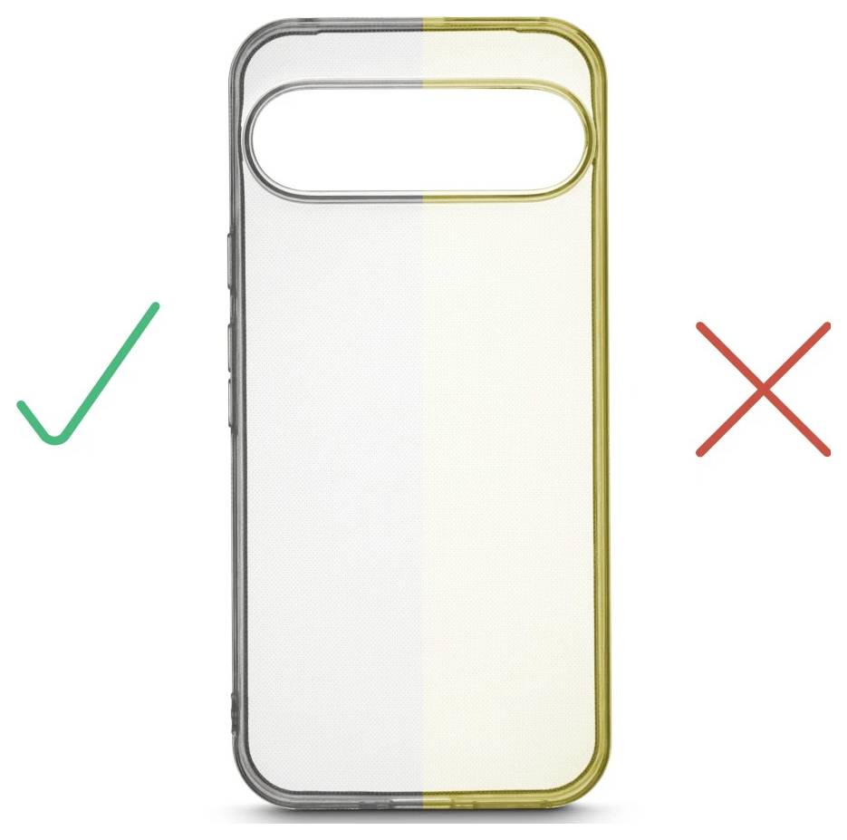 Transparent telefoncase med ophøjet kameraindsnit, vist som korrekt til venstre og forkert til højre med et rødt X.